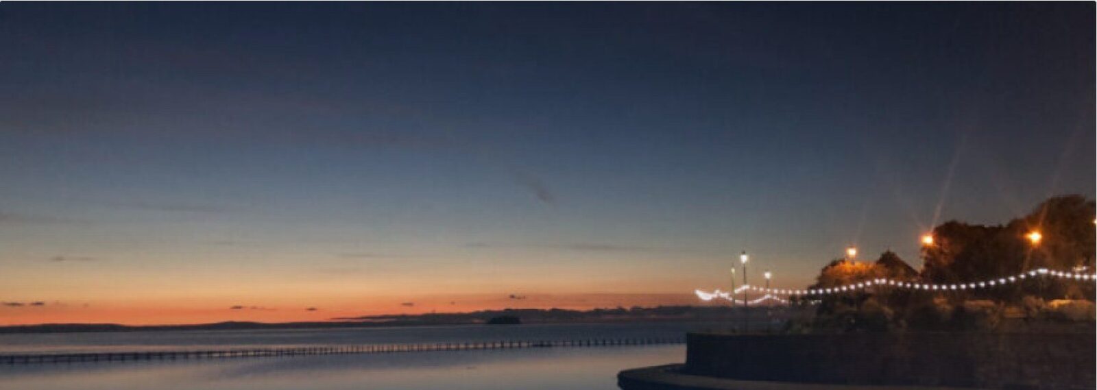 Festoon lights along the lake edge at dusk